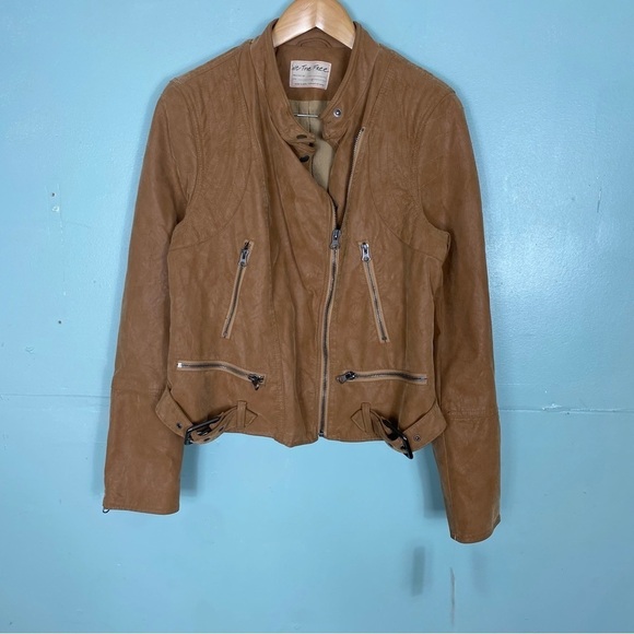 Free People Fenix Vegan Moto Jacket Tan Camel Faux Leather Sz‎ L - Picture 1 of 5